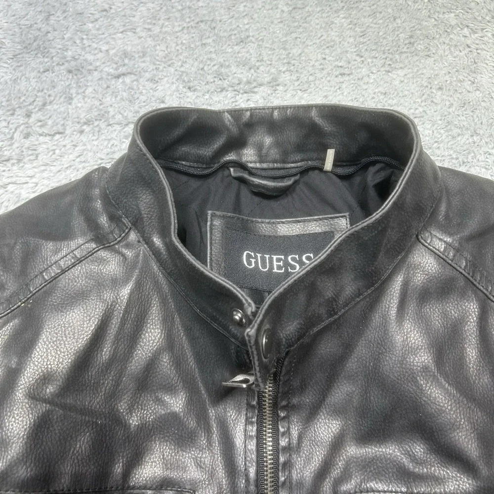 GUESS  Faux-Leather Jacket Men's L Black Moto Racer Coat Biker‎ Full Zip
